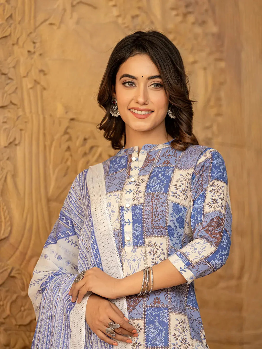 Yufta Blue Geometric Print Straight Kurta Trouser And Dupatta Set | Grocsy
