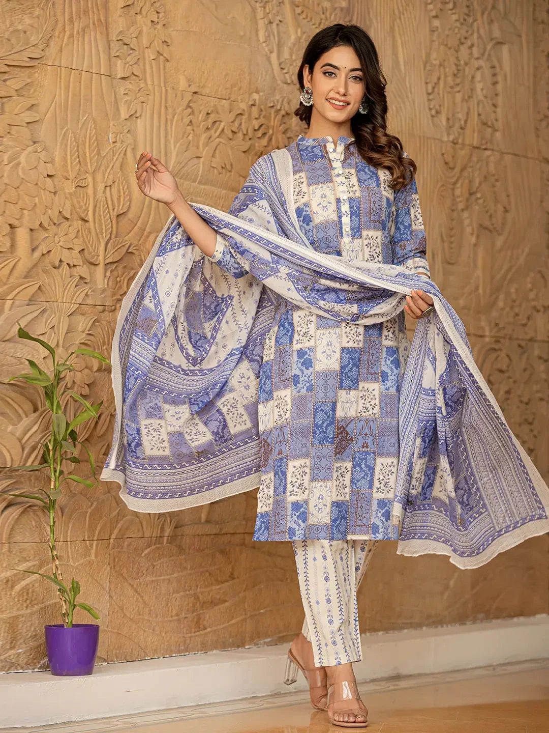 Yufta Blue Geometric Print Straight Kurta Trouser And Dupatta Set | Grocsy