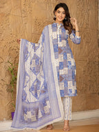 Yufta Blue Geometric Print Straight Kurta Trouser And Dupatta Set | Grocsy