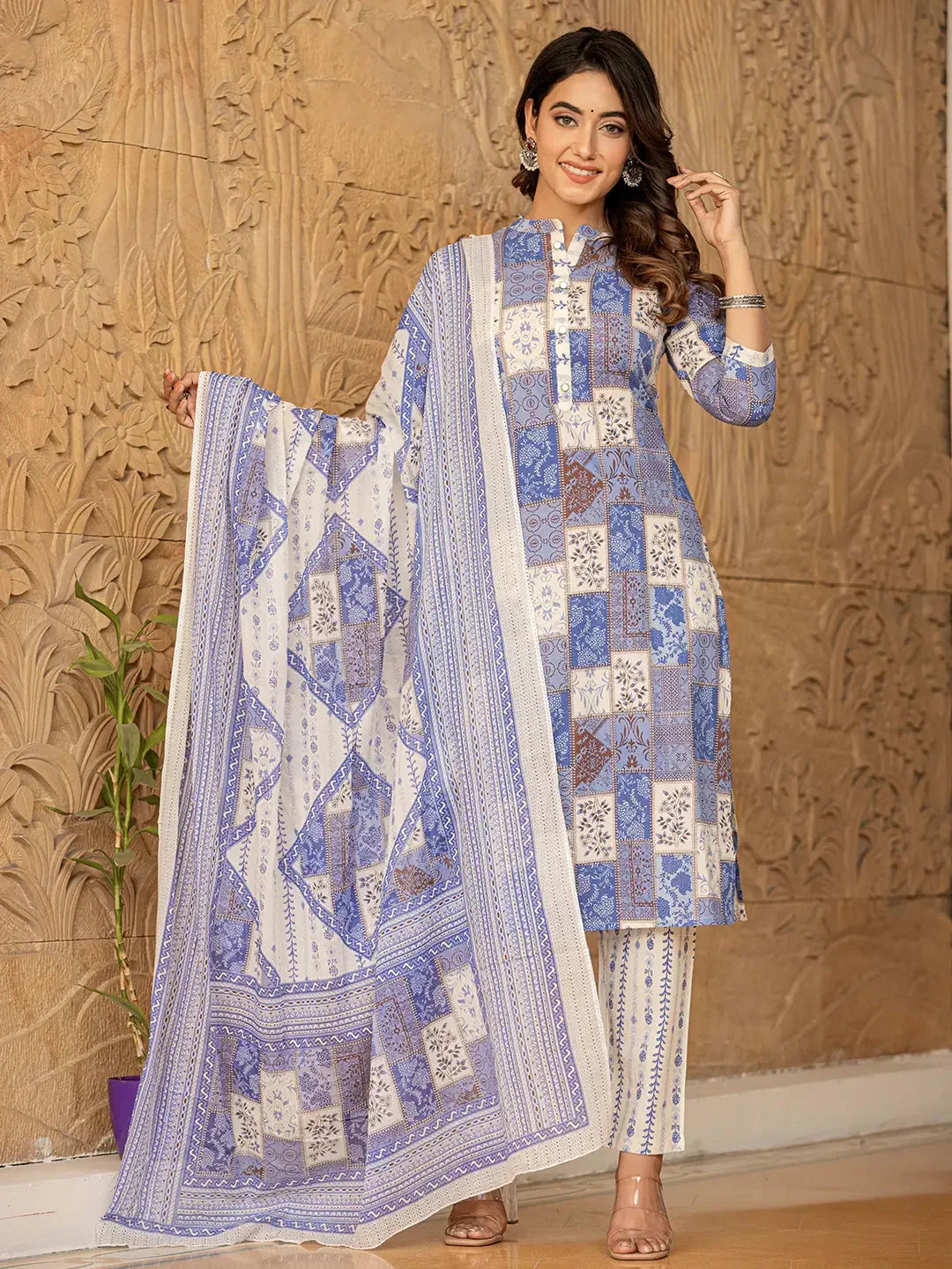 Yufta Blue Geometric Print Straight Kurta Trouser And Dupatta Set | Grocsy