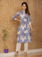 Yufta Blue Geometric Print Straight Kurta Trouser And Dupatta Set | Grocsy
