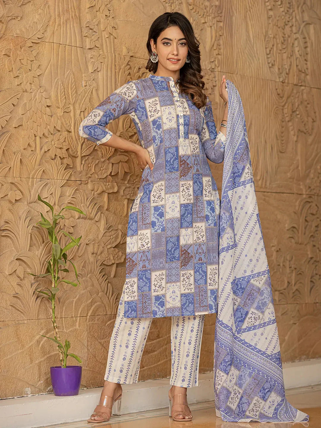 Yufta Blue Geometric Print Straight Kurta Trouser And Dupatta Set | Grocsy