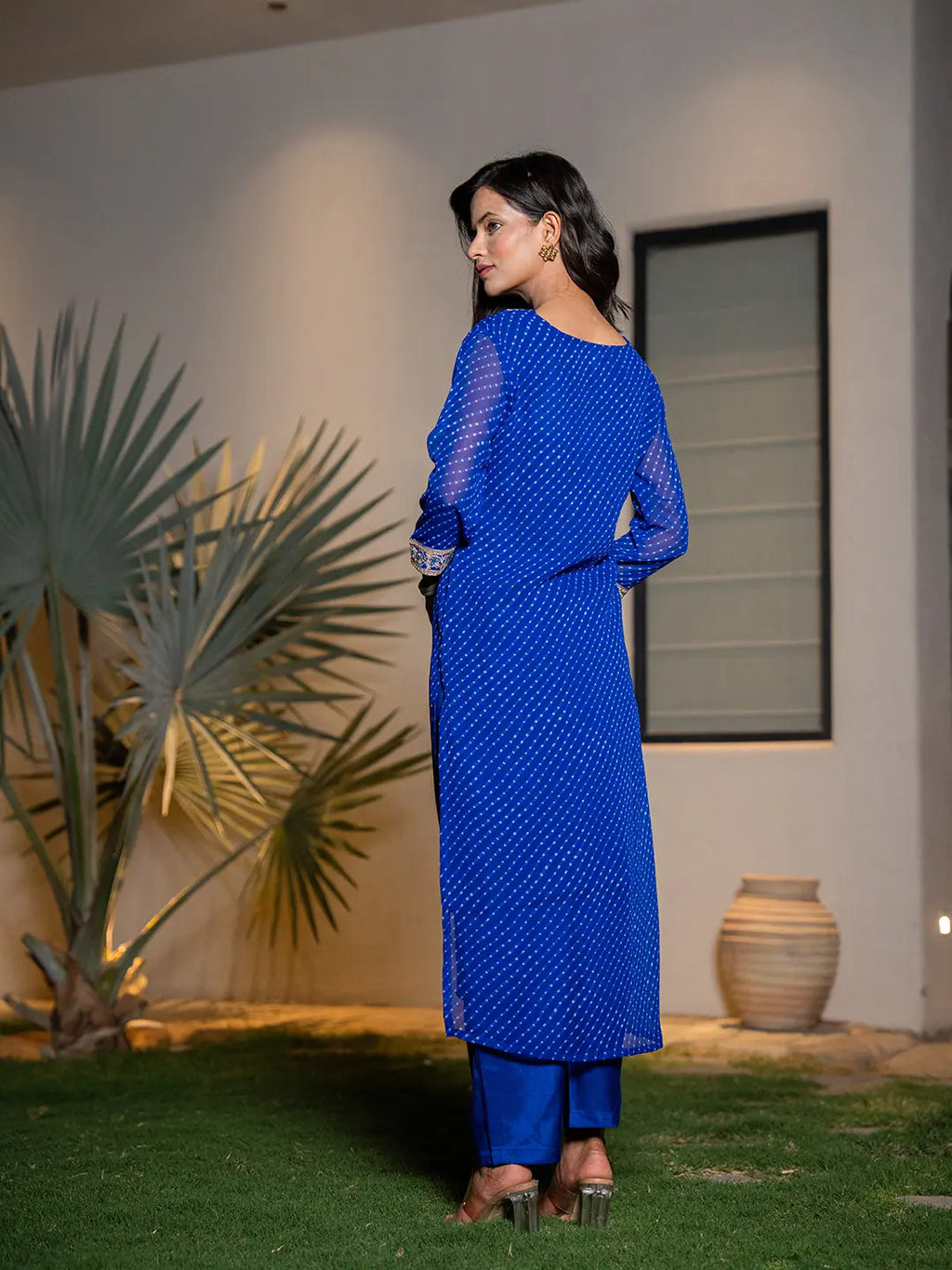 Yufta Blue Georgette Lehriya Kurta Dupatta Set | Grocsy
