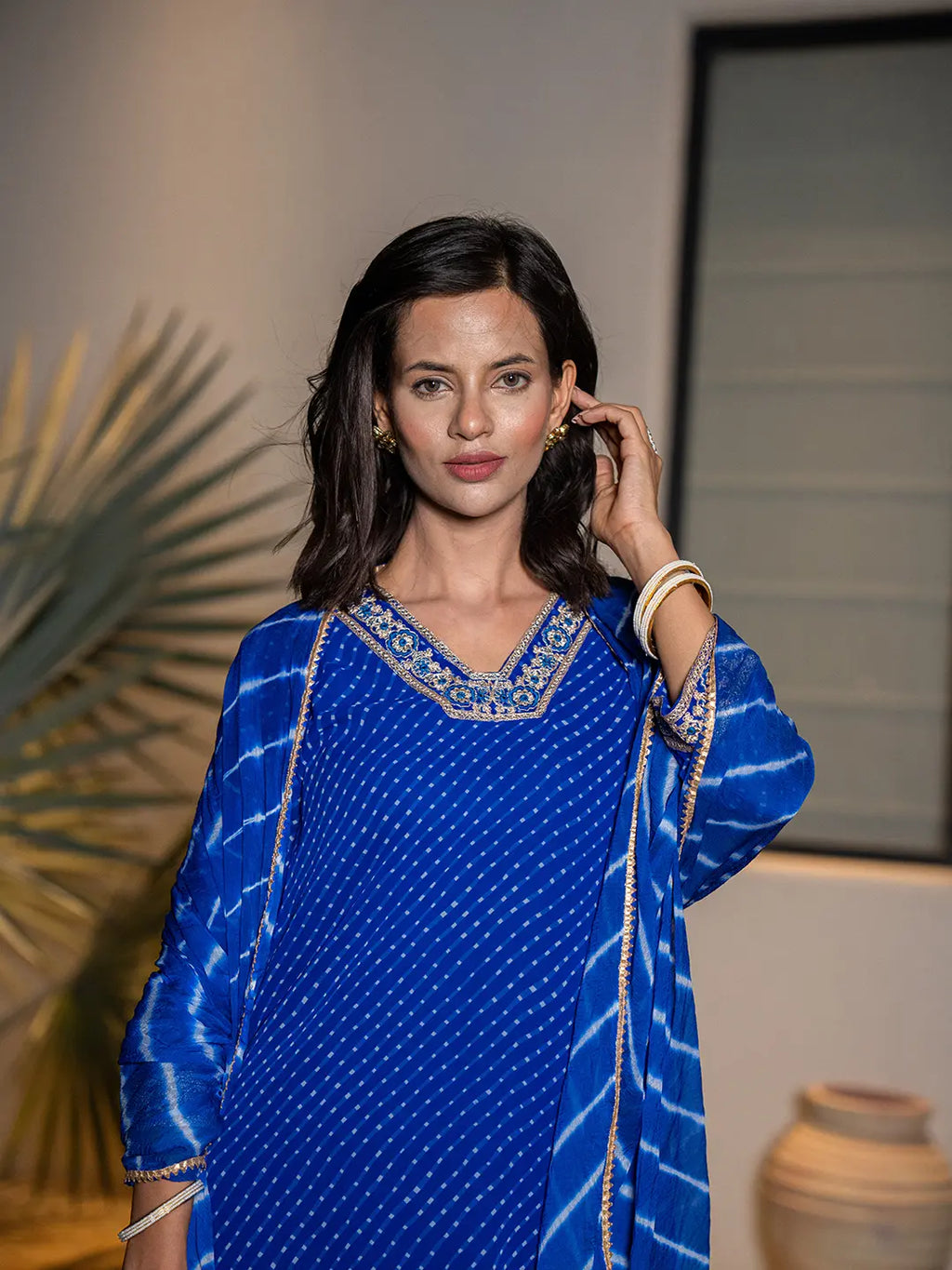 Yufta Blue Georgette Lehriya Kurta Dupatta Set | Grocsy
