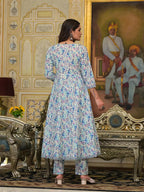 Yufta Blue Leaf Print Zari Work Anarkali Kurta Trouser With Dupatta Set | Grocsy