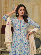 Yufta Blue Leaf Print Zari Work Anarkali Kurta Trouser With Dupatta Set | Grocsy