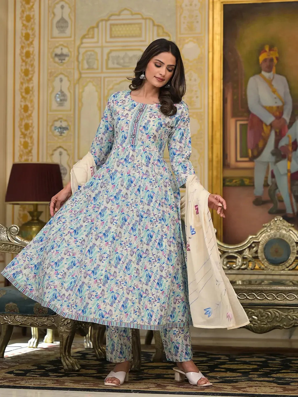 Yufta Blue Leaf Print Zari Work Anarkali Kurta Trouser With Dupatta Set | Grocsy