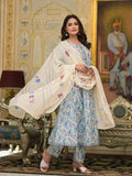 Yufta Blue Leaf Print Zari Work Anarkali Kurta Trouser With Dupatta Set | Grocsy