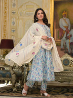 Yufta Blue Leaf Print Zari Work Anarkali Kurta Trouser With Dupatta Set | Grocsy