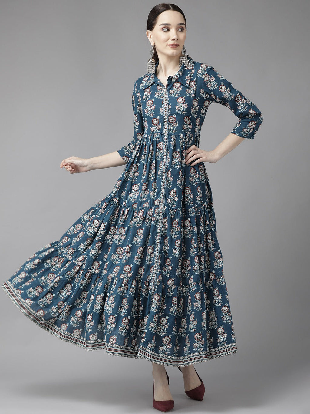 Yufta Blue Print Cotton Maxi Dress | Grocsy