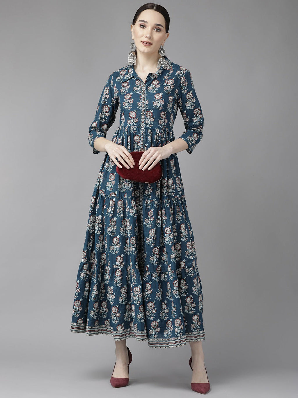 Yufta Blue Print Cotton Maxi Dress | Grocsy