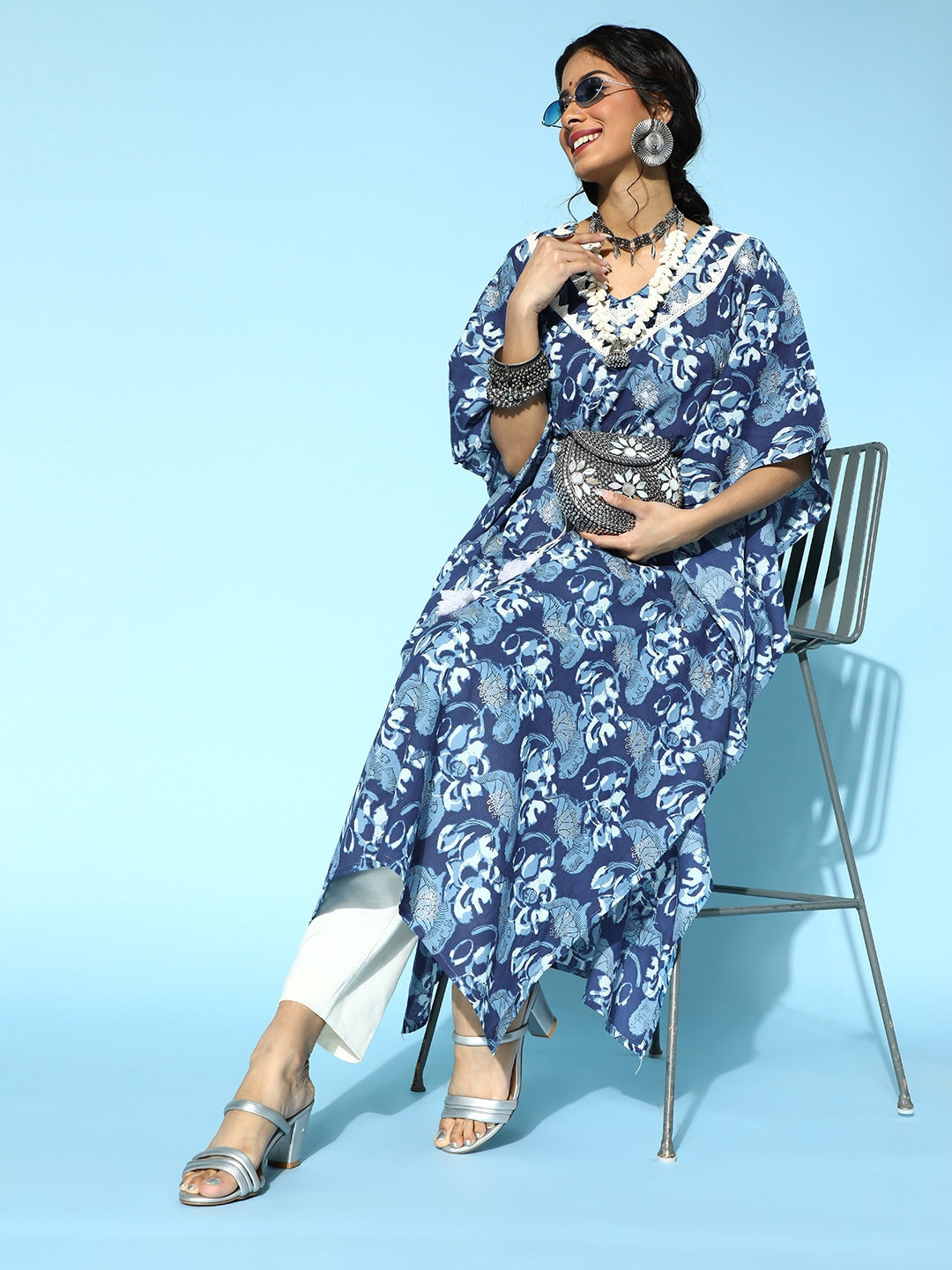 Yufta Blue Printed Kaftan Kurta | Grocsy