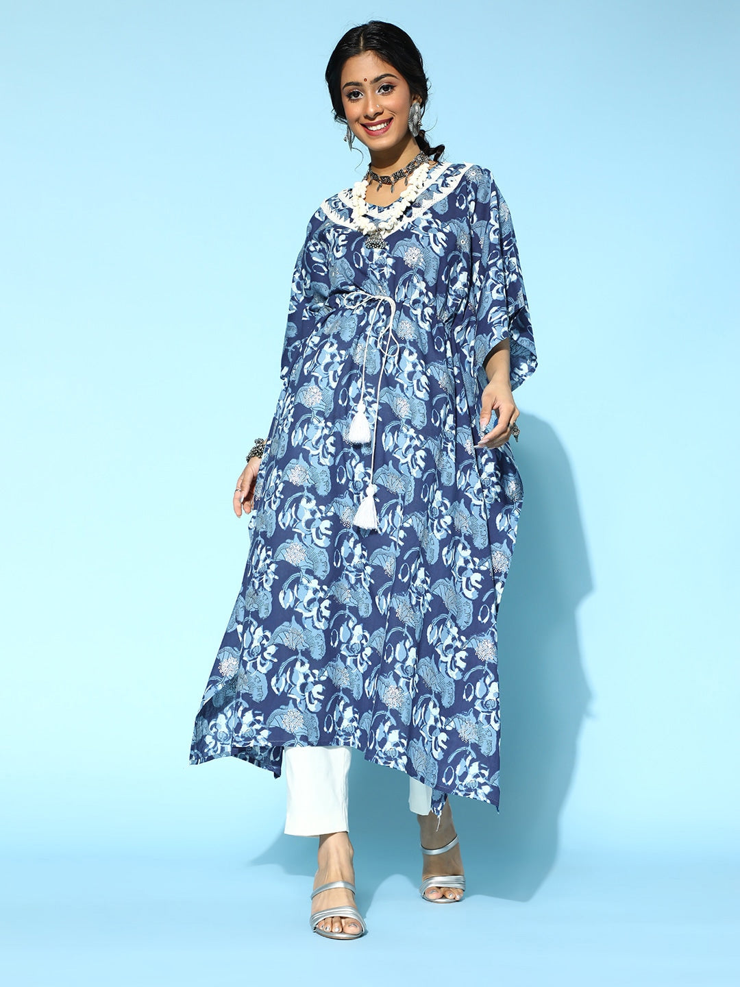 Yufta Blue Printed Kaftan Kurta | Grocsy