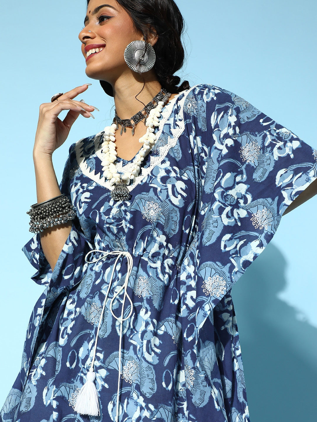 Yufta Blue Printed Kaftan Kurta | Grocsy