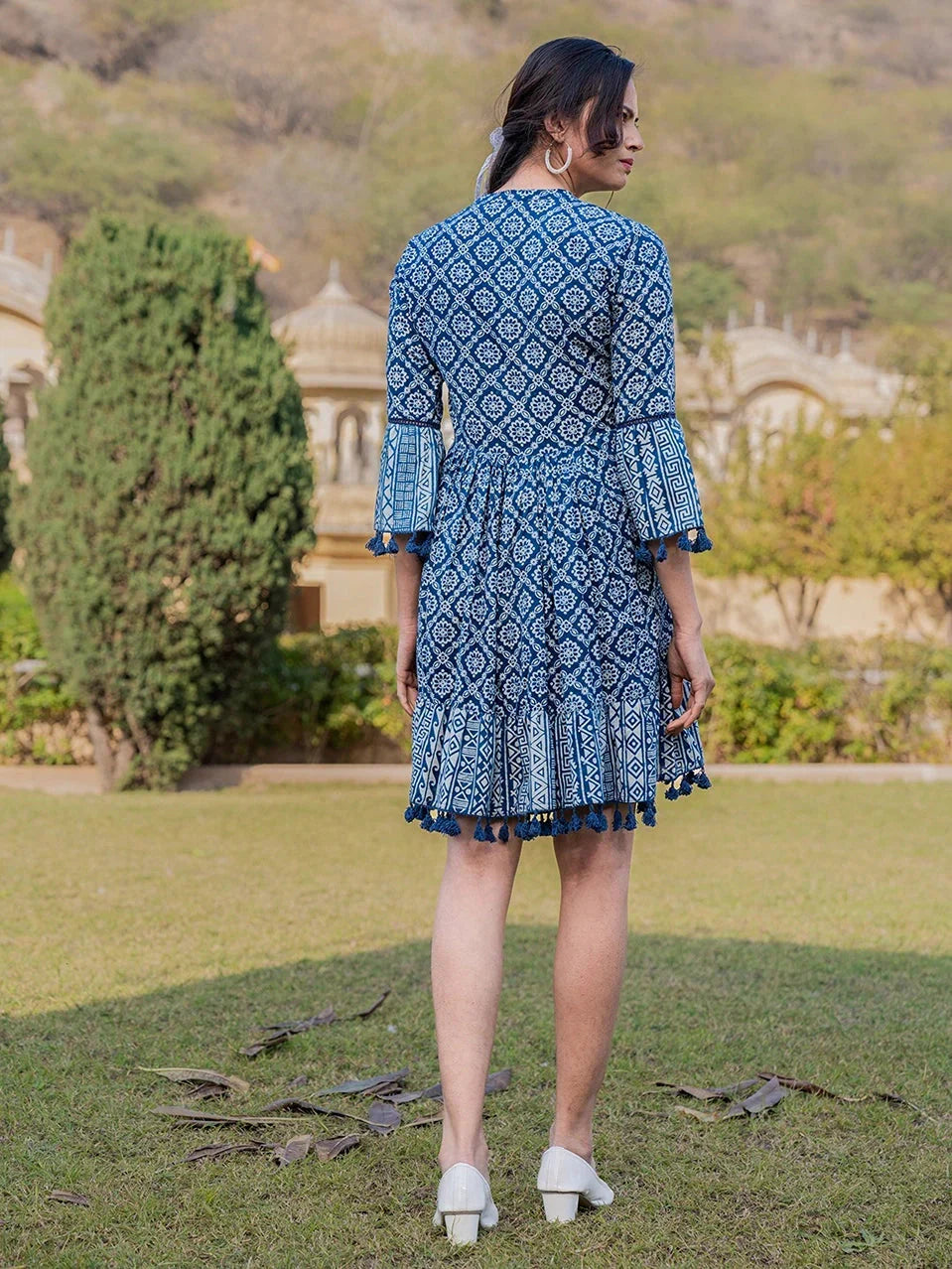 Yufta Blue Pure Cotton Ethnic Motifs Less Border Tassels Were Dress | Grocsy
