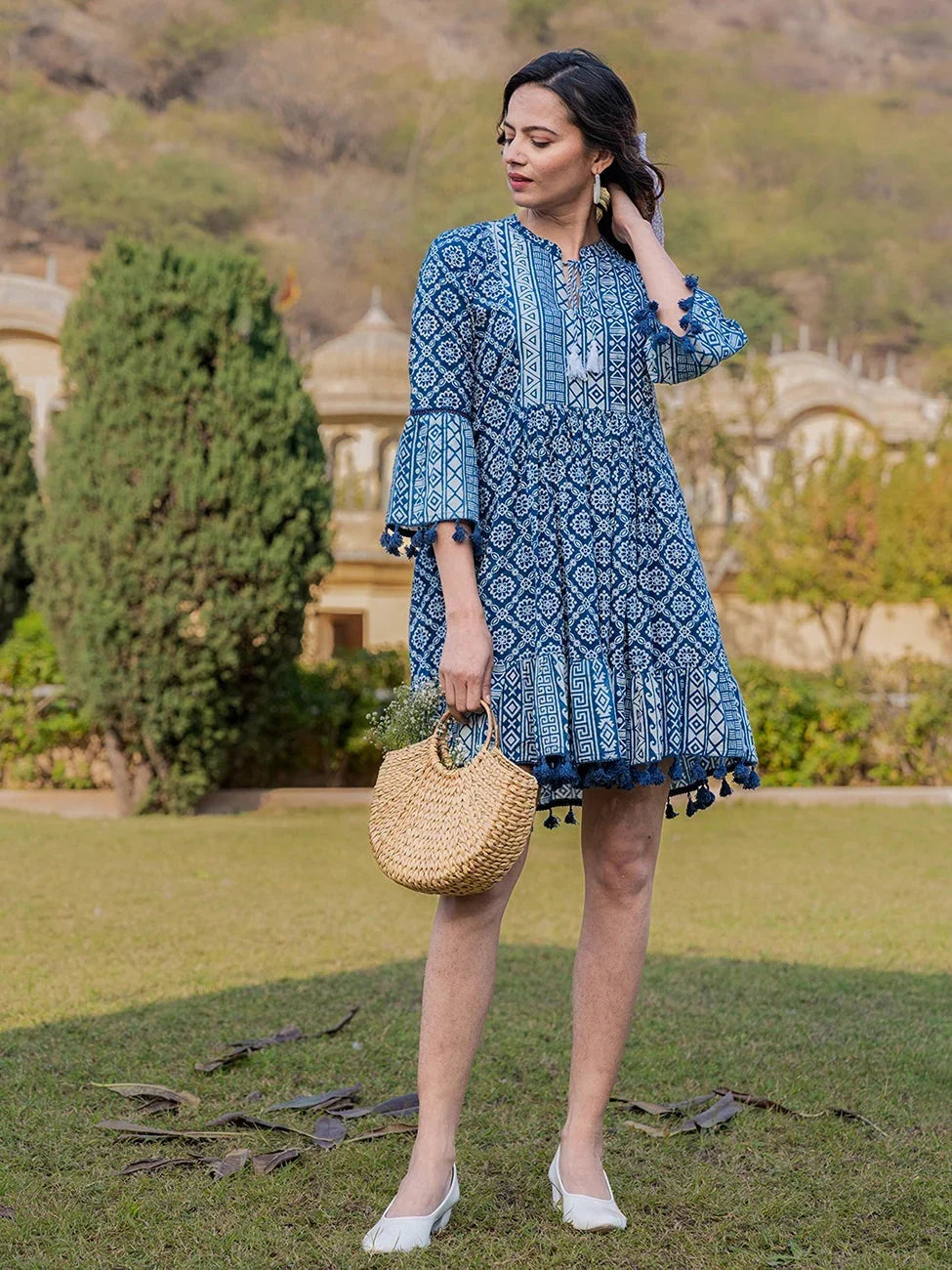 Yufta Blue Pure Cotton Ethnic Motifs Less Border Tassels Were Dress | Grocsy