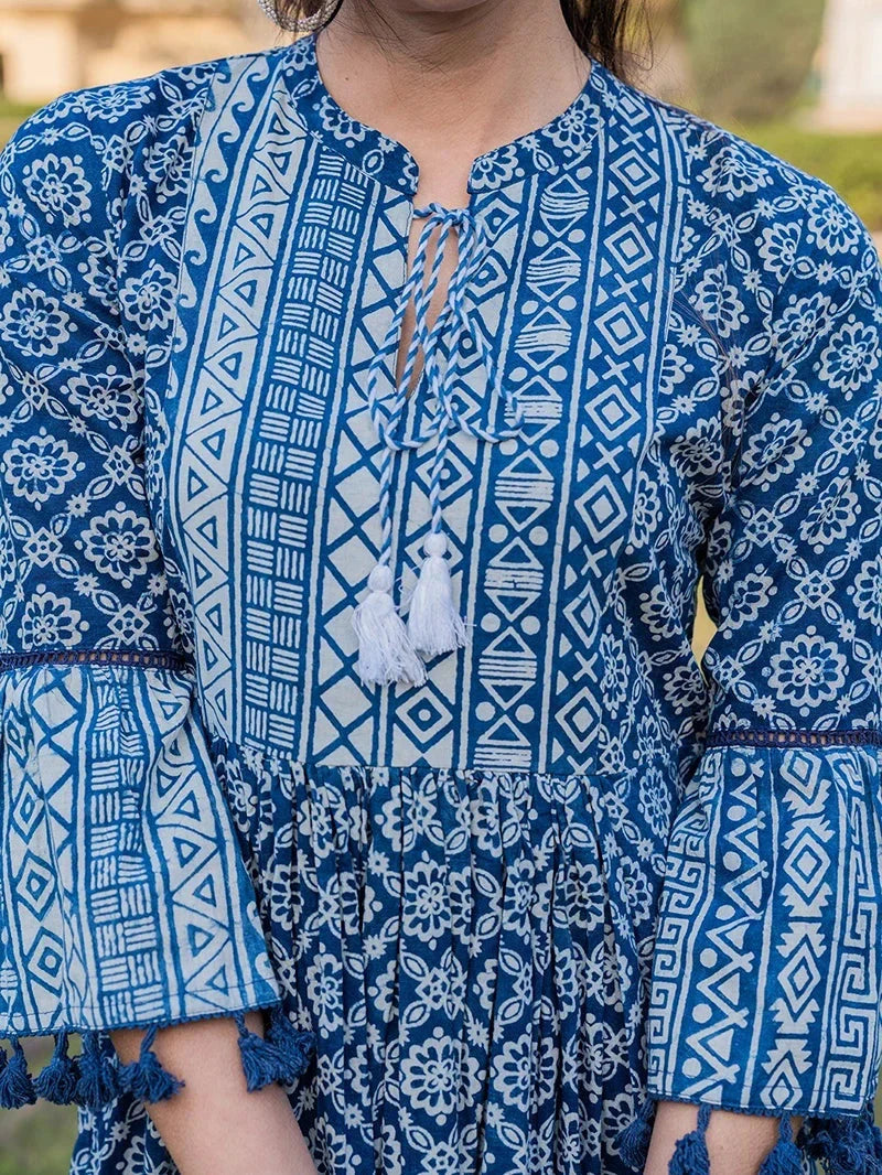 Yufta Blue Pure Cotton Ethnic Motifs Less Border Tassels Were Dress | Grocsy