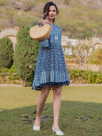 Yufta Blue Pure Cotton Ethnic Motifs Less Border Tassels Were Dress | Grocsy