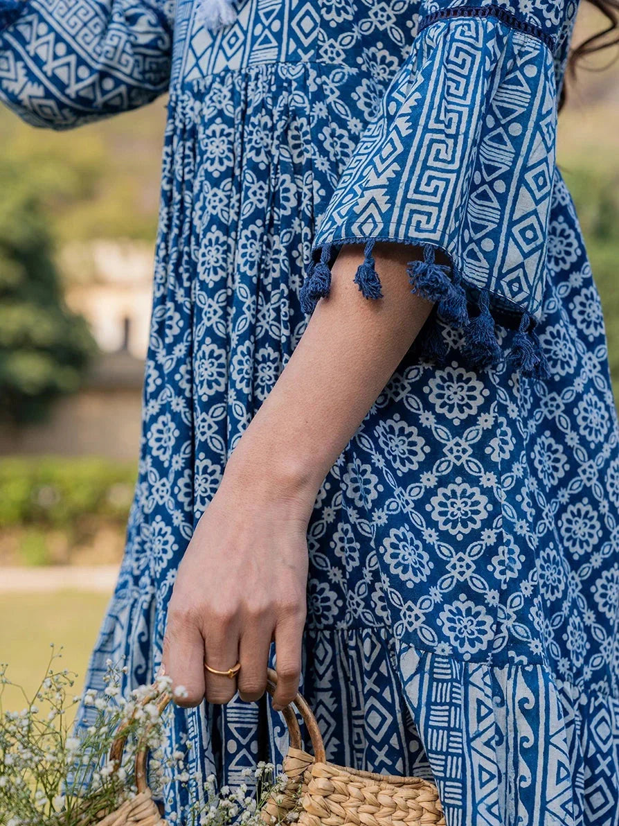 Yufta Blue Pure Cotton Ethnic Motifs Less Border Tassels Were Dress | Grocsy