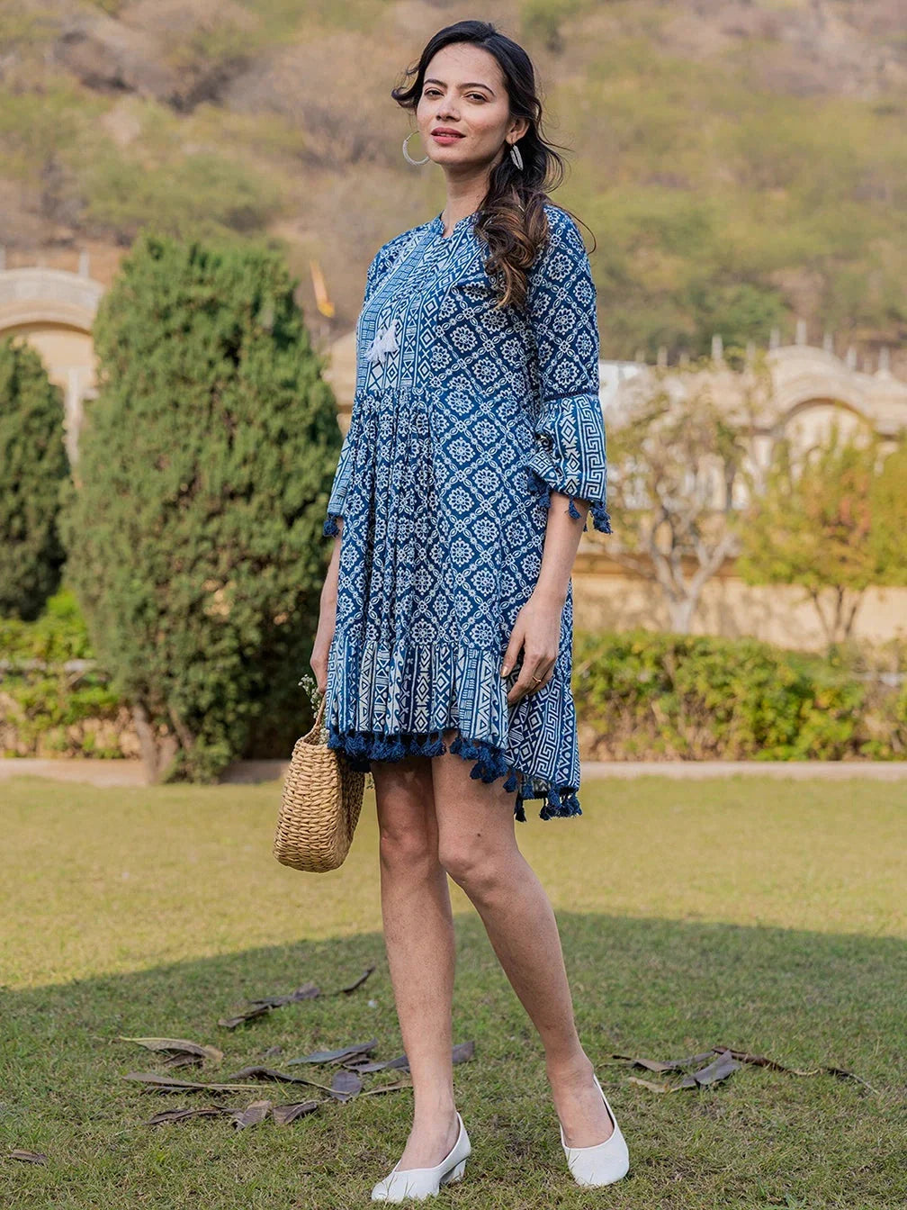Yufta Blue Pure Cotton Ethnic Motifs Less Border Tassels Were Dress | Grocsy