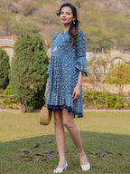 Yufta Blue Pure Cotton Ethnic Motifs Less Border Tassels Were Dress | Grocsy