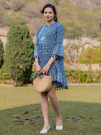 Yufta Blue Pure Cotton Ethnic Motifs Less Border Tassels Were Dress | Grocsy