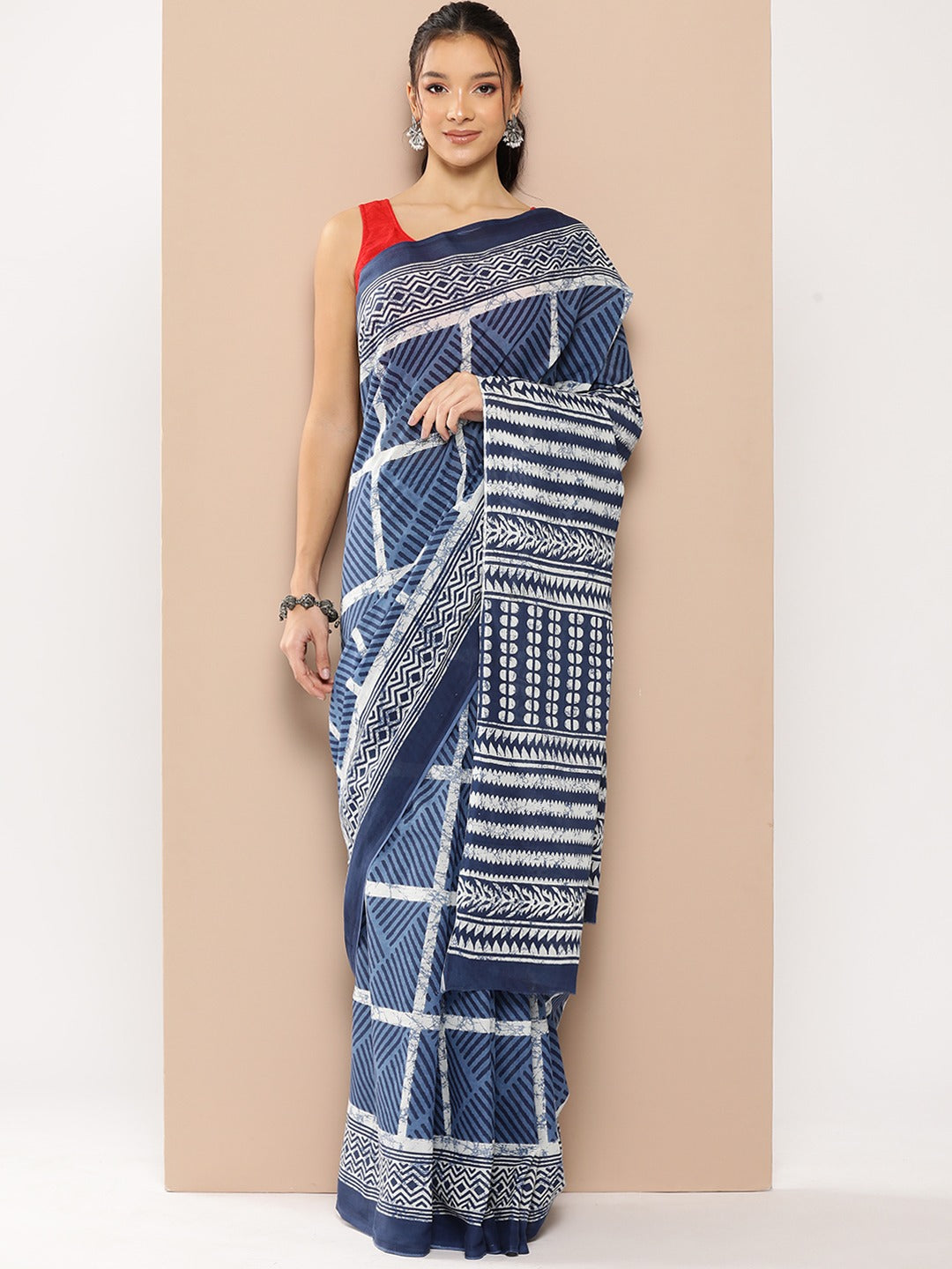 Yufta Blue Striped Mulmul Cotton Sarees With Unstitched Blouse | Grocsy