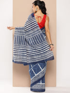 Yufta Blue Striped Mulmul Cotton Sarees With Unstitched Blouse | Grocsy
