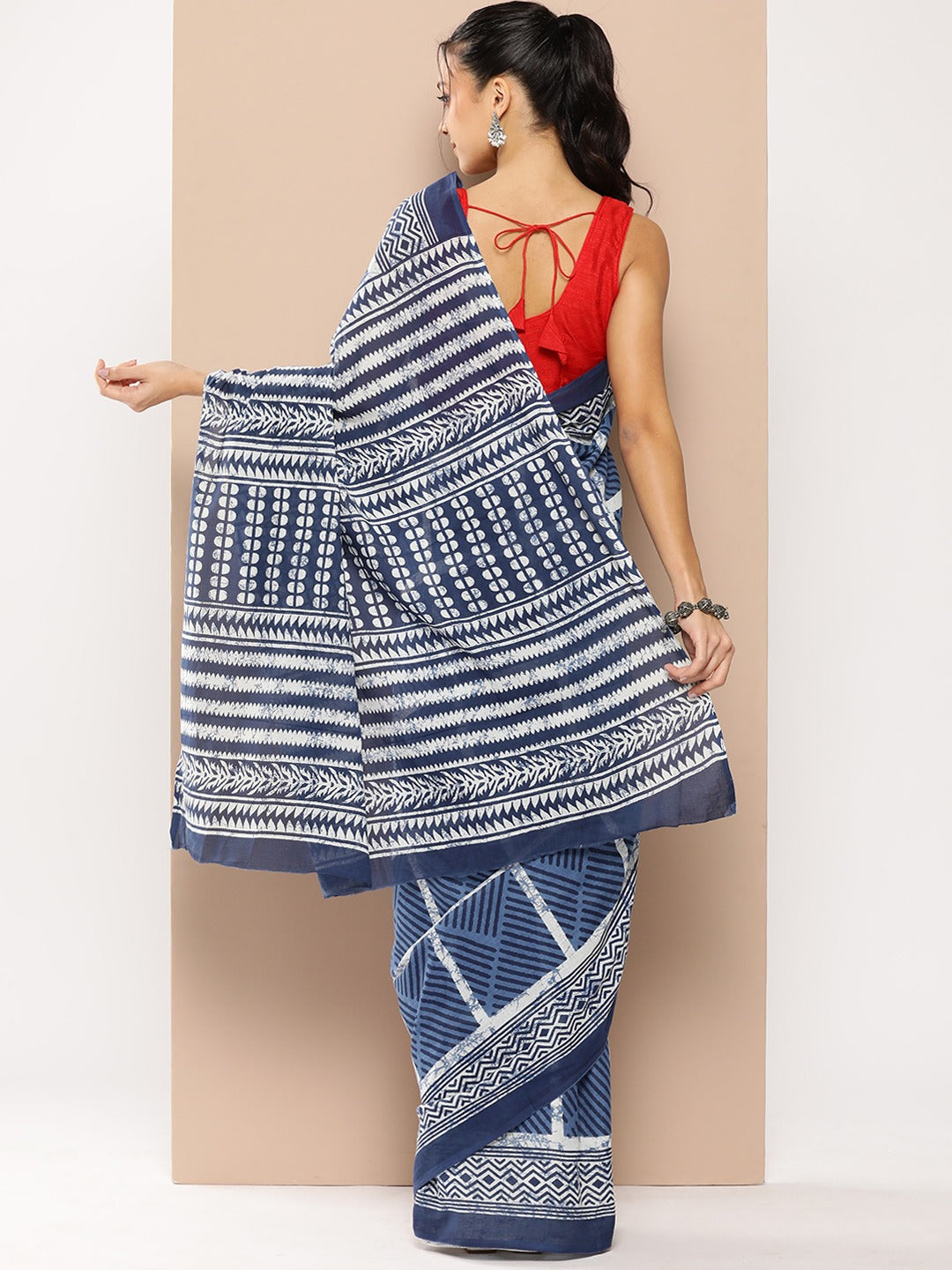 Yufta Blue Striped Mulmul Cotton Sarees With Unstitched Blouse | Grocsy
