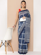Yufta Blue Striped Mulmul Cotton Sarees With Unstitched Blouse | Grocsy