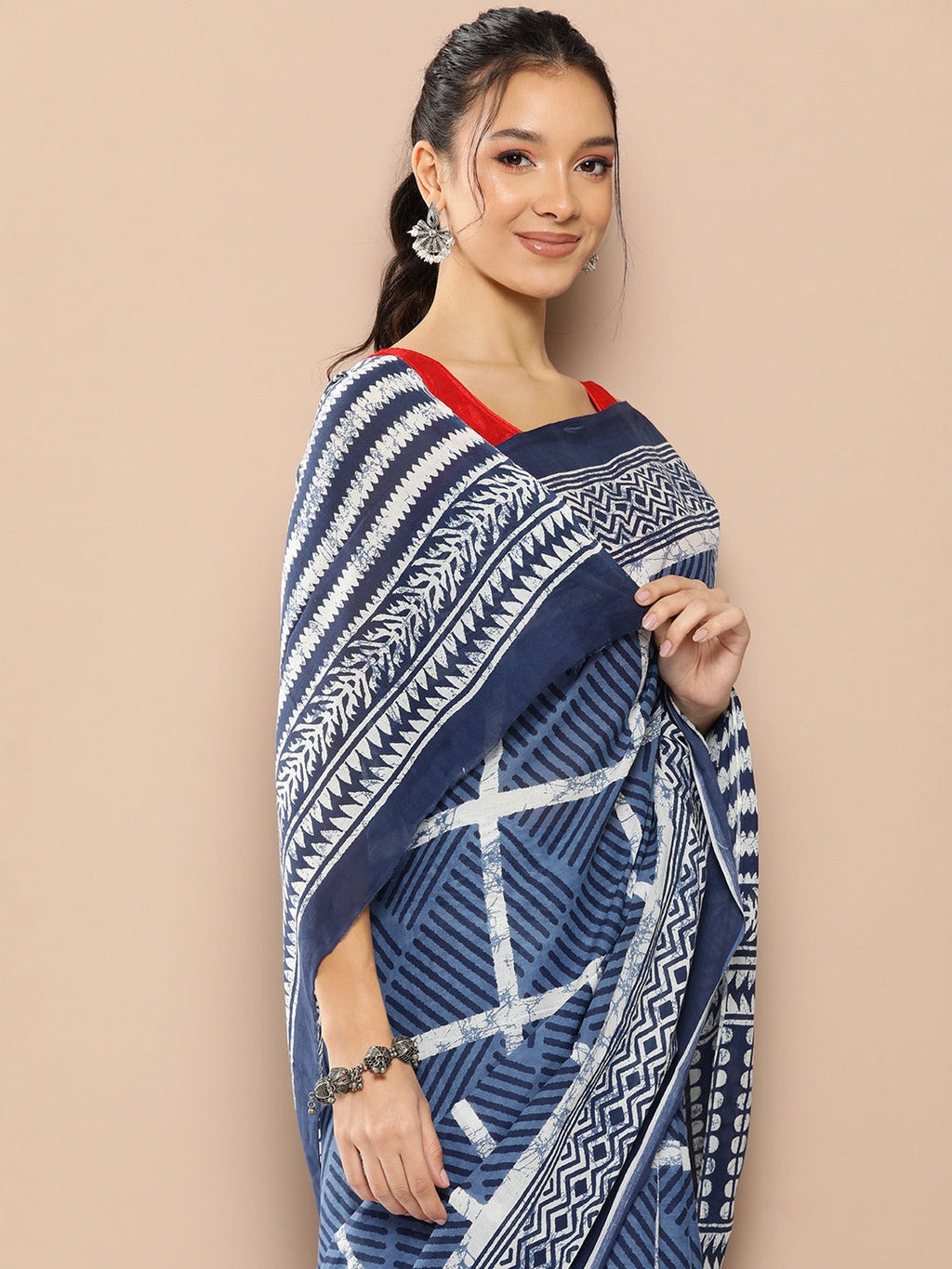 Yufta Blue Striped Mulmul Cotton Sarees With Unstitched Blouse | Grocsy