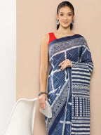 Yufta Blue Striped Mulmul Cotton Sarees With Unstitched Blouse | Grocsy
