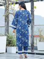 Yufta Blue pure Cotton kurta dupatta set with Thread_Work detailing | Grocsy