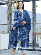 Yufta Blue pure Cotton kurta dupatta set with Thread_Work detailing | Grocsy