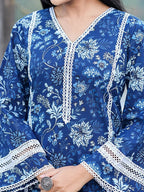 Yufta Blue pure Cotton kurta dupatta set with Thread_Work detailing | Grocsy