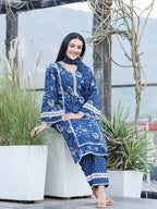 Yufta Blue pure Cotton kurta dupatta set with Thread_Work detailing | Grocsy