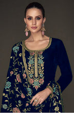 Lorenvalley Fashion Women Blue Velvet Embroidered Salwar Suit Material | Grocsy