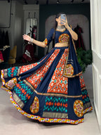 Lorenvalley Blue Rayon and Printed Silk with Plain And Printed With Original Mirror Gamthi Work And Gamthi Patch Work Lehenga Choli | Grocsy