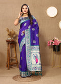 Lorenvalley Fashion Blue Soft Paithani Silk Woven Design Rich Meenakari Zari Weaving Pallu Saree | Grocsy