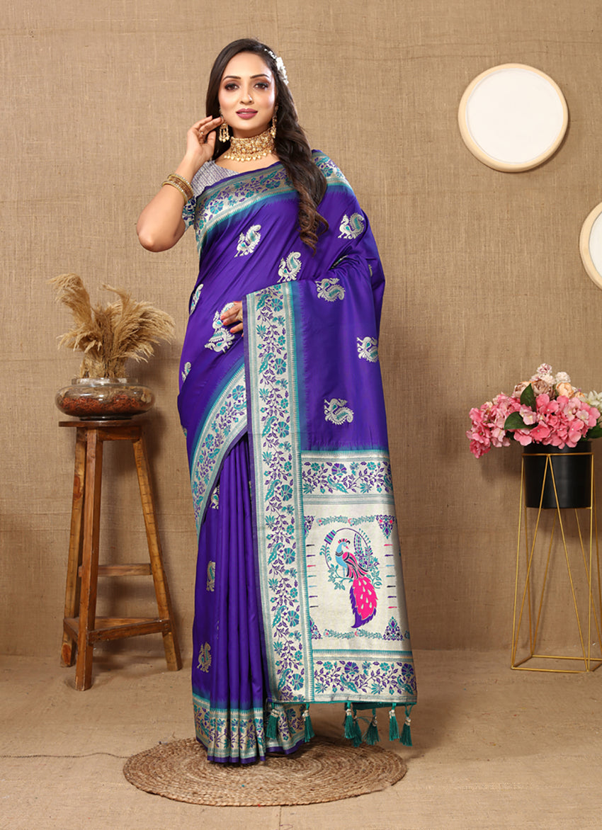 Lorenvalley Fashion Blue Soft Paithani Silk Woven Design Rich Meenakari Zari Weaving Pallu Saree | Grocsy