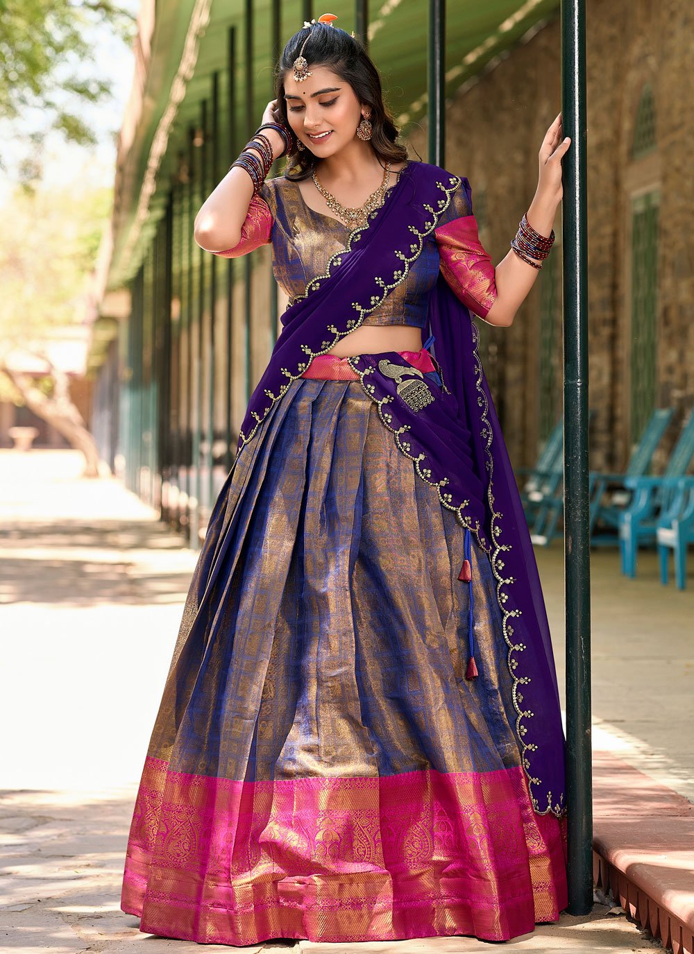Lorenvalley Blue Kanjivaram Silk Zari Weaving Lehenga Choli with Dupatta | Grocsy
