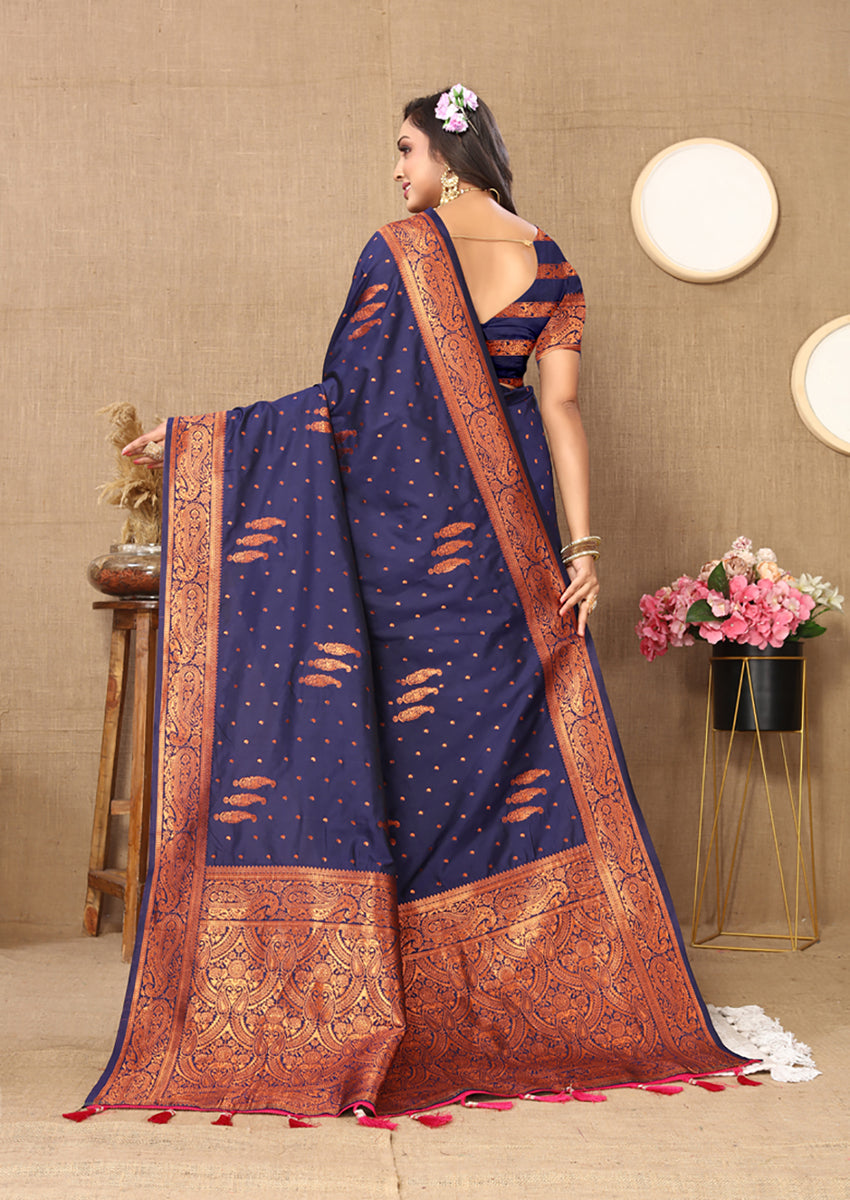 Lorenvalley Fashion Blue Soft Silk Copper Zari weaving Design Saree | Grocsy