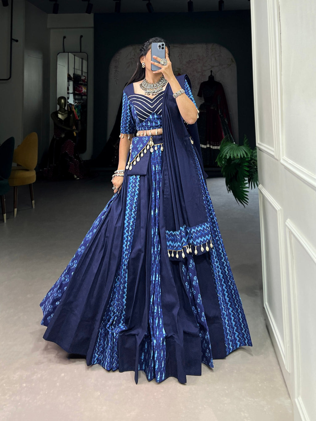 Lorenvalley Blue Pure Cotton Chaniya Choli Adorned With Cowrie Shells And Paired With A Matching Purse | Grocsy