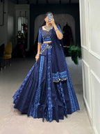 Lorenvalley Blue Pure Cotton Chaniya Choli Adorned With Cowrie Shells And Paired With A Matching Purse | Grocsy
