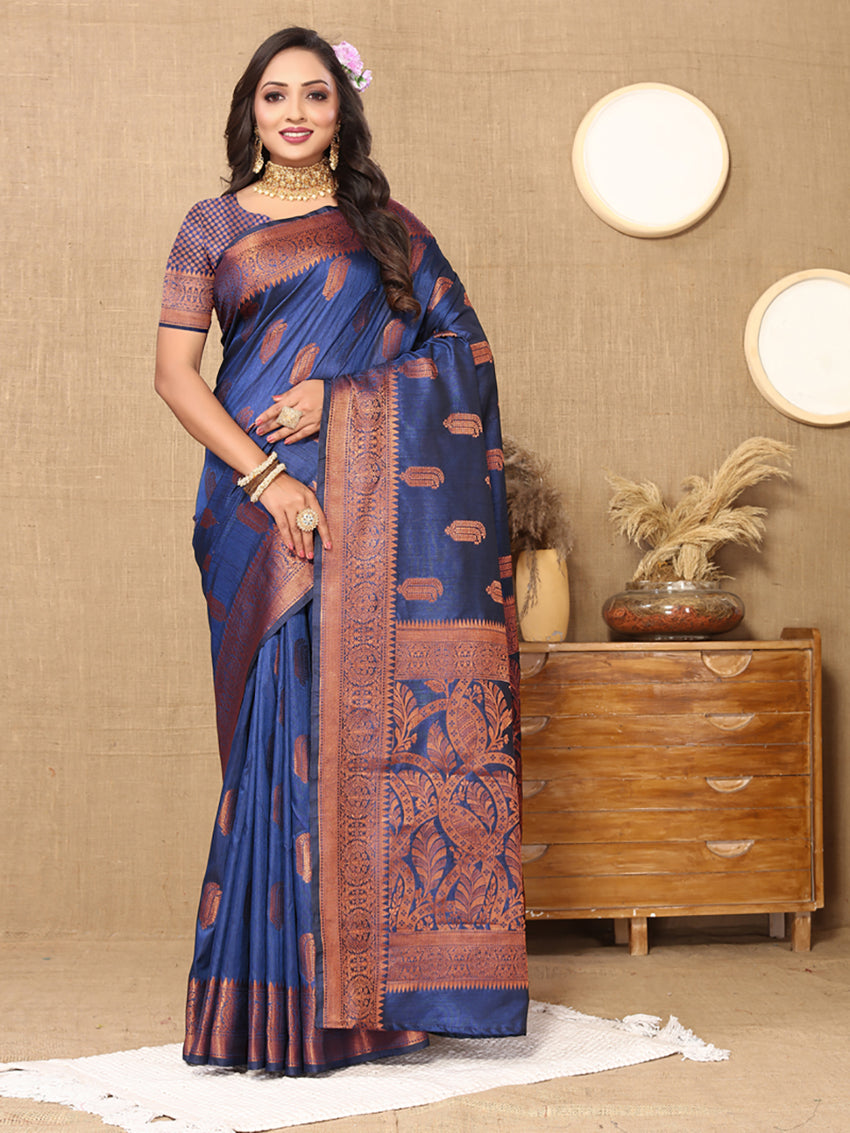 Lorenvalley Fashion Blue Soft Katan Silk Woven Design Copper Zari Weaving Saree | Grocsy