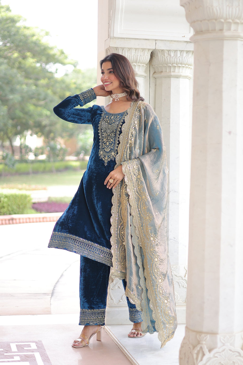Lorenvalley Fashion Blue Velvet with Rich Sequins & Zari Embroidered work Kurta Pant with Dupatta | Grocsy