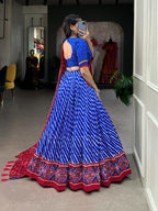 Lorenvalley Blue Tussar Silk Lehenga Leheriya Patola Print Border With Choli Bandhej Print With Bandhej Print Gotta Patti Lace Border Dupatta | Grocsy