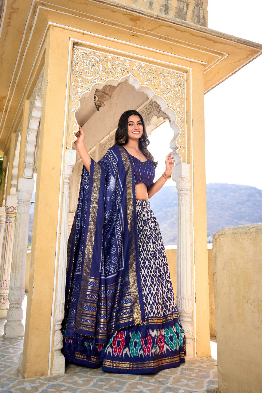 Lorenvalley Blue Tussar Silk Ikkat Print With Foil Work Lehenga Choli with Dupatta | Grocsy