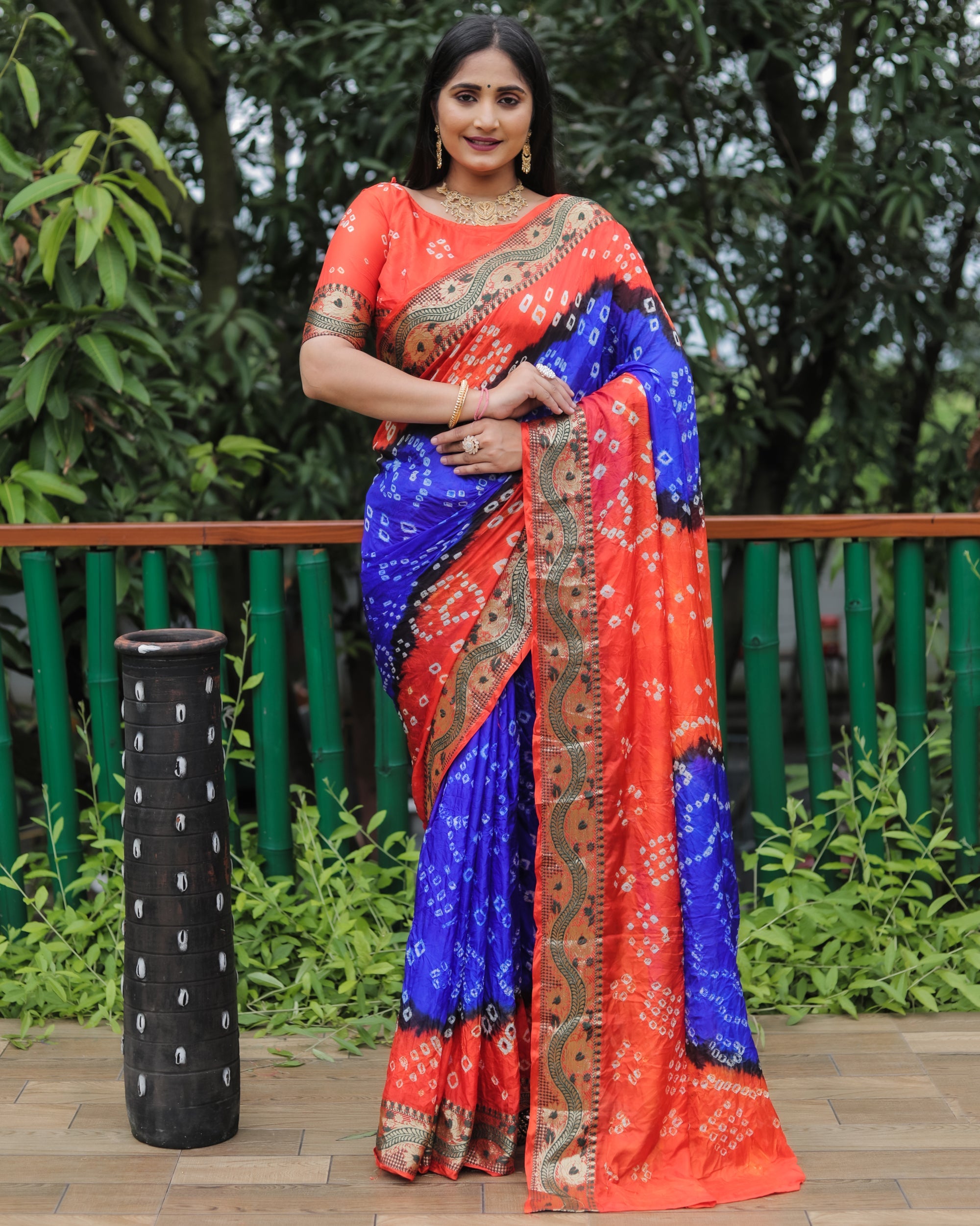 Lorenvalley Premium Pure Bandhej Tapeta Soft light weight silk saree with zari weaving Border - Multicolor | Grocsy