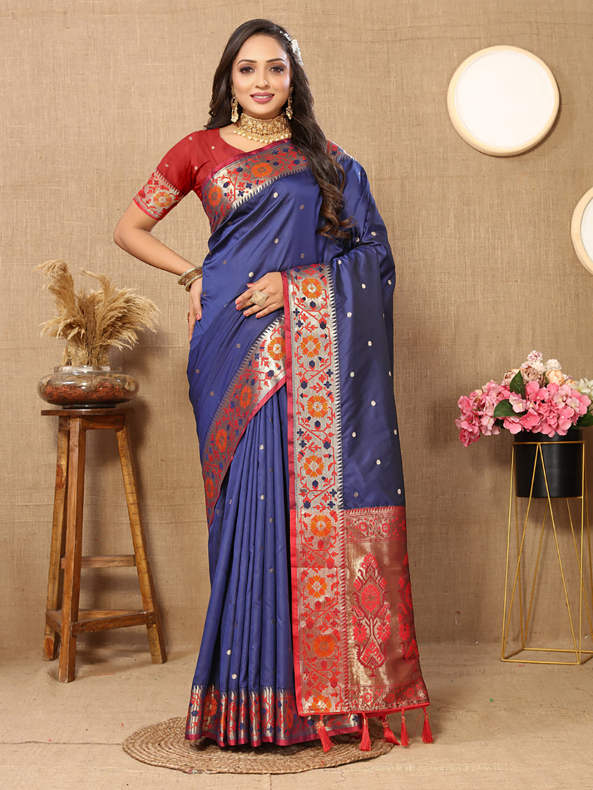 Lorenvalley Fashion Blue Soft Paithani Silk Woven Design Rich Meenakari Zari Weaving Pallu Saree | Grocsy